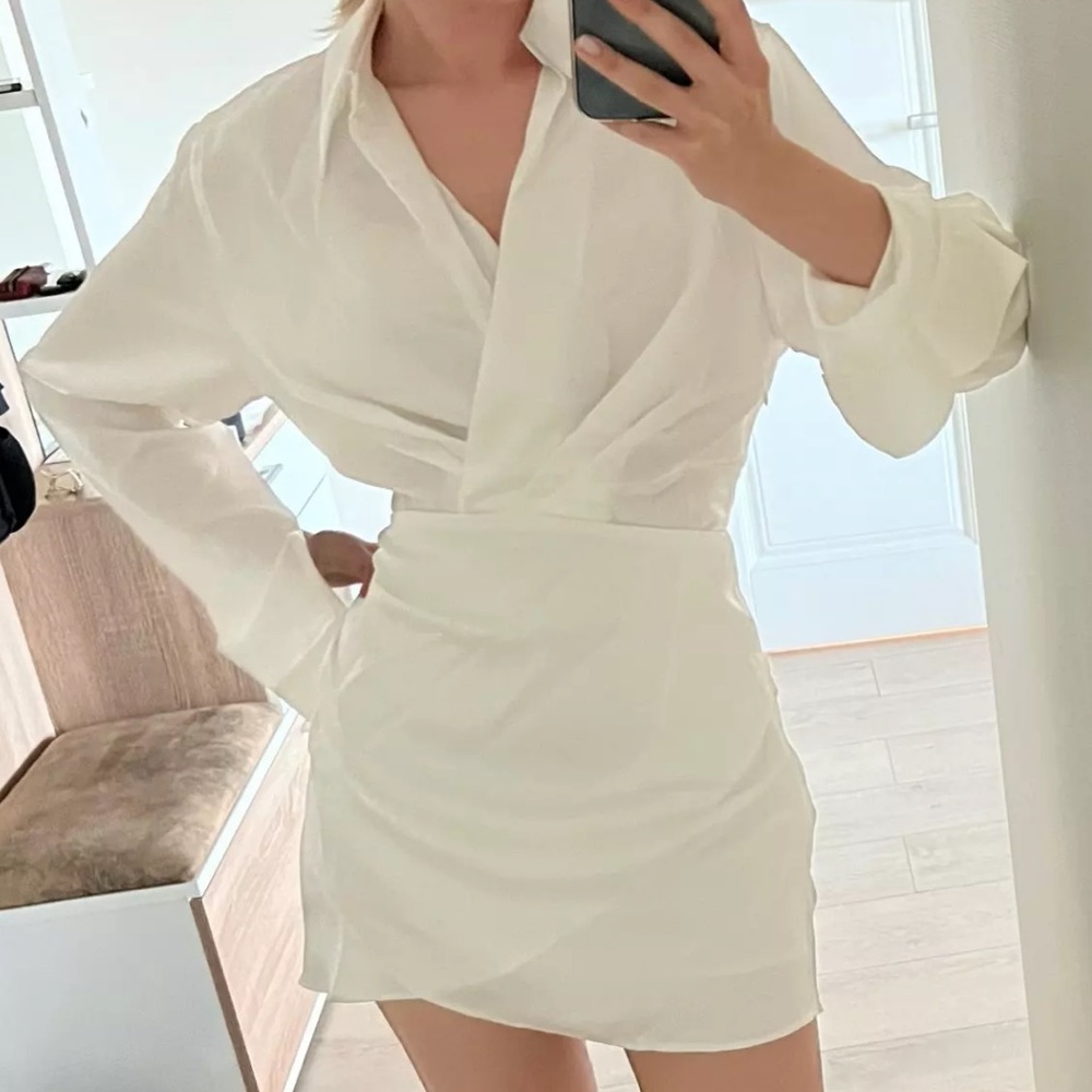 Satin Mini Dress Vintage V Neck Long Sleeve.